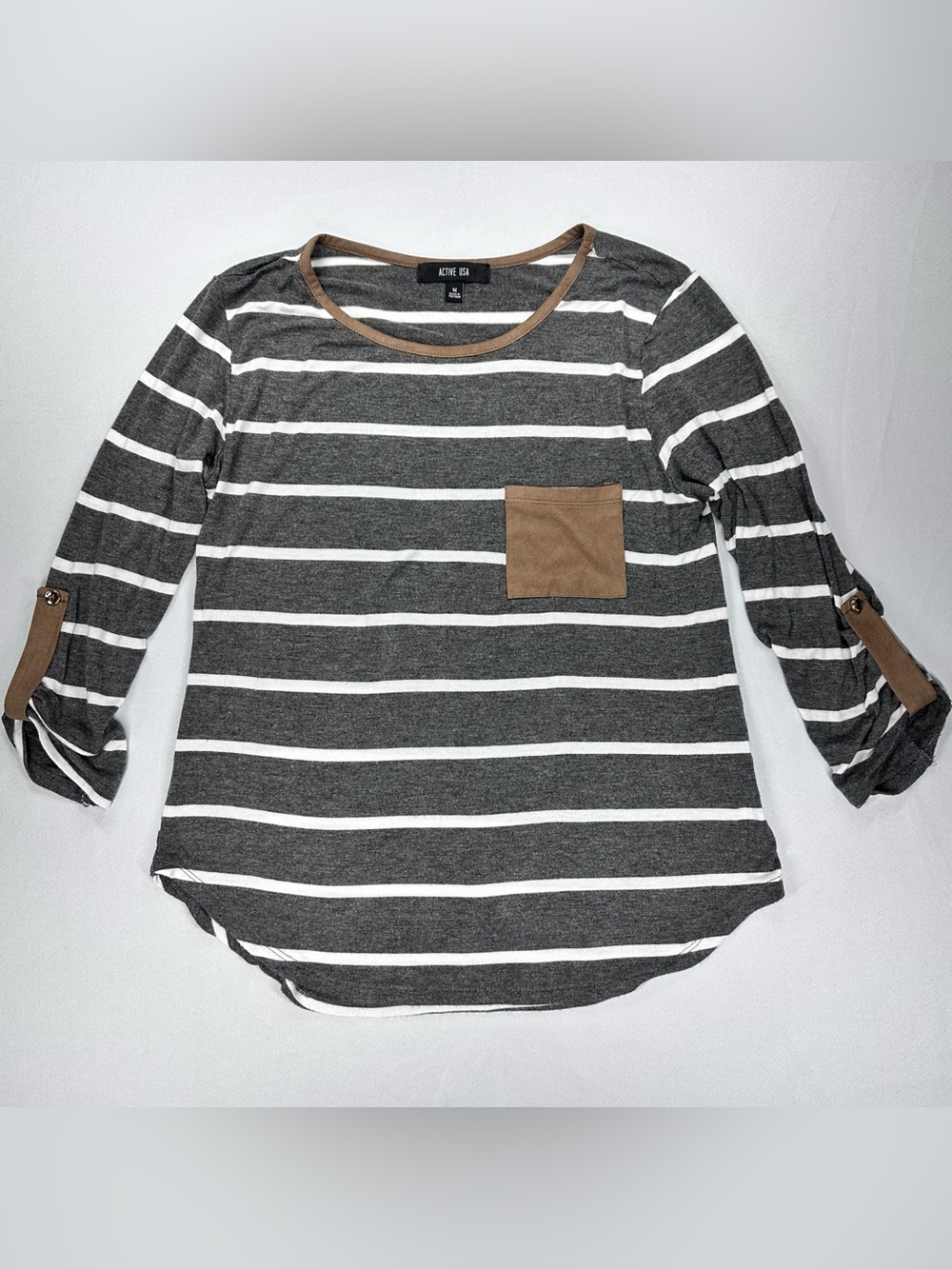 Active USA Womens Medium Striped 3/4 Roll Tab Sleeve Top Brown Pocket Shirt M